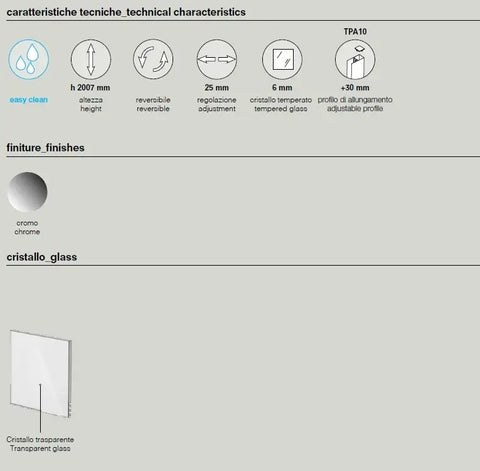 Scheda tecnica parete walk-in cromo: h 2007mm, cristallo temperato 6mm, regolazione 25mm e profilo di allungamento