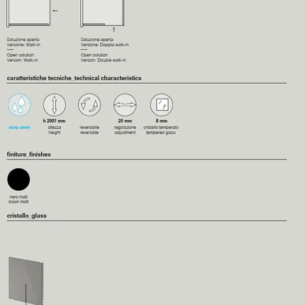 Scheda tecnica parete walk-in fumè: h 2007mm, cristallo temperato 8mm, regolazione 20mm e finitura nero opaco
