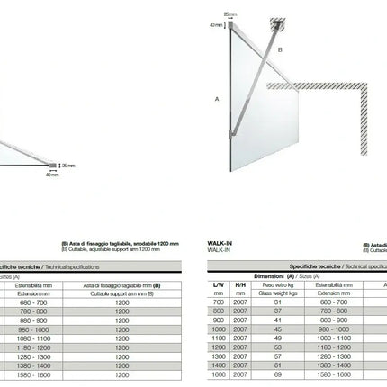 Disegni tecnici quotati con tabella misure della parete doccia walk-in 8mm H200cm e della barra di supporto a muro