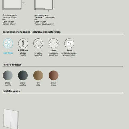 Scheda tecnica parete doccia walk-in h2007mm: cristallo temperato 8mm, regolazione 20mm e finiture cromo, grafite, oro, bronzo