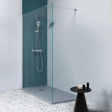 Parete doccia walk-in cristallo trasparente 8mm H200cm con profilo cromato in bagno moderno con parete verde petrolio