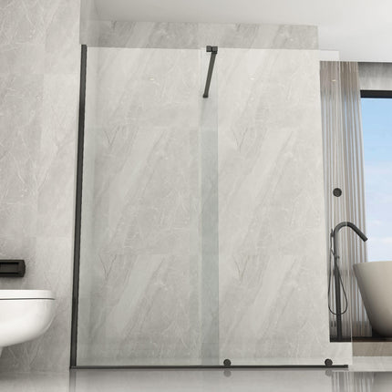 Parete doccia walk-in scorrevole H195cm profili neri con anta aperta e scaldasalviette in bagno moderno