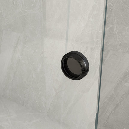 Dettaglio del pomello nero opaco di battuta a muro della parete doccia walk-in scorrevole in cristallo 8mm