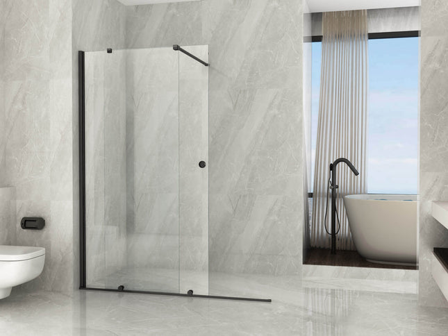 Parete walk-in scorrevole profili neri 8mm in bagno di design con vasca freestanding e vista panoramica