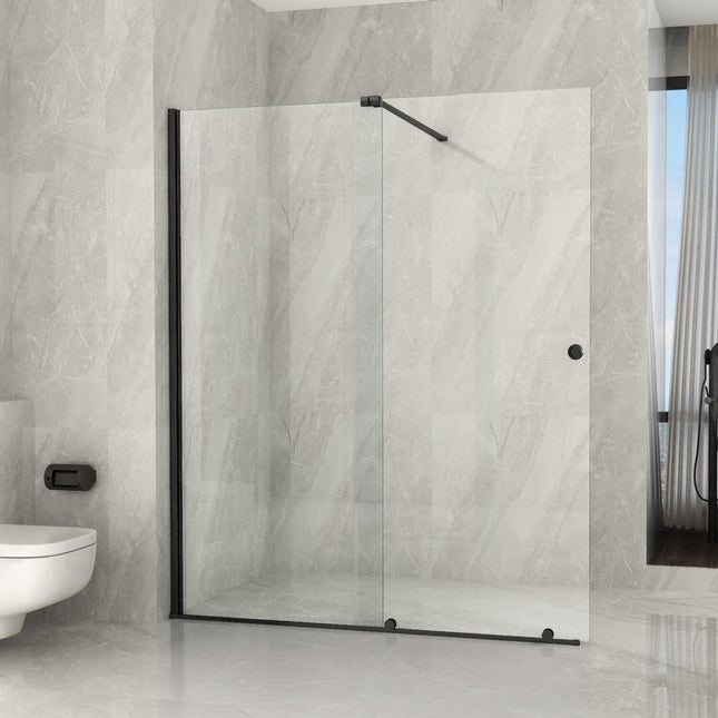 Parete doccia walk-in scorrevole con profili neri e cristallo trasparente 8mm H195cm in bagno effetto marmo