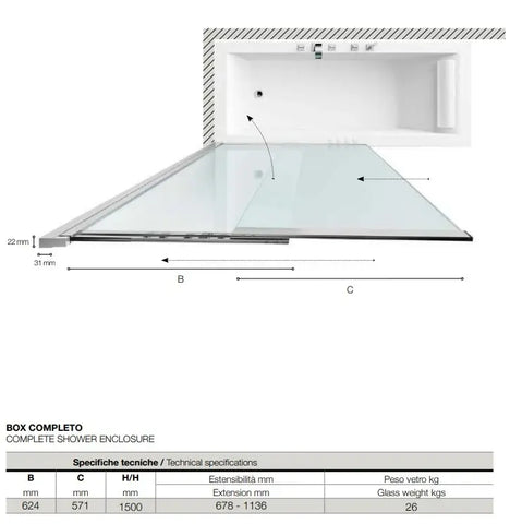 Parete Sopra Vasca 110cm Scorrevole Cristallo 5mm Anticalcare