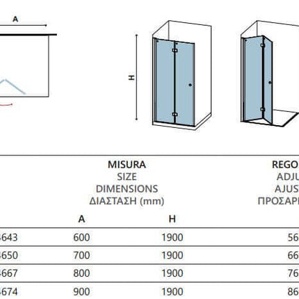 Schema tecnico della parete doccia a libro H190cm cristallo 6mm con tabella codici, misure e regolazione