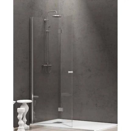 Parete doccia walk-in a libro H200cm in cristallo 6mm S7 con anta ripiegabile aperta e profili cromati