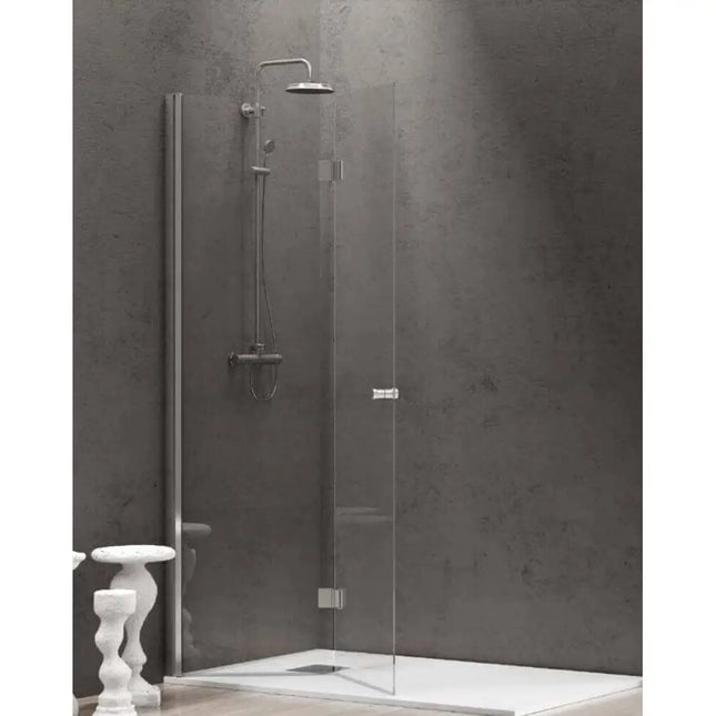 Parete doccia walk-in a libro H200cm in cristallo 6mm S7 con anta ripiegabile aperta e profili cromati