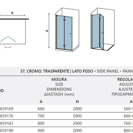 Schema tecnico della parete a libro S7 trasparente H200cm con tabella misure e regolazione del lato fisso