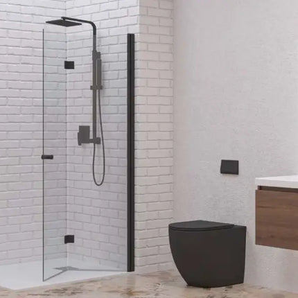 Ambientazione bagno con parete doccia a libro profilo nero H200cm 6mm, mobile lavabo e sanitario nero