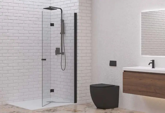 Ambientazione bagno con parete doccia a libro profilo nero H200cm 6mm, mobile lavabo e sanitario nero