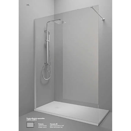 Render della parete doccia walk-in 6mm con profilo in alluminio spazzolato, barra di supporto e piatto doccia bianco