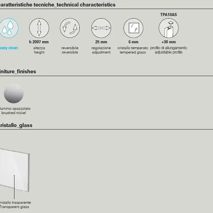 Scheda tecnica parete walk-in alluminio spazzolato: h 2007mm, cristallo temperato 6mm e regolazione 25mm