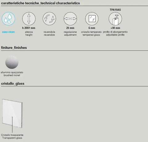 Scheda tecnica parete walk-in alluminio spazzolato: h 2007mm, cristallo temperato 6mm e regolazione 25mm