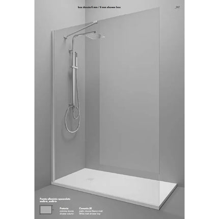Parete doccia walk-in cristallo 6mm alluminio spazzolato, vista ravvicinata con colonna doccia e piatto bianco