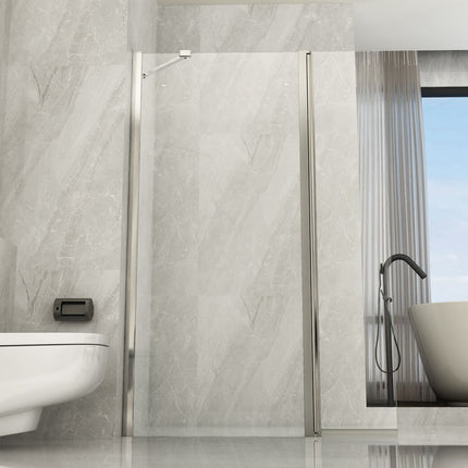 Bagno moderno con parete doccia walk-in e deflettore pivot H195cm, sanitari sospesi e vasca freestanding