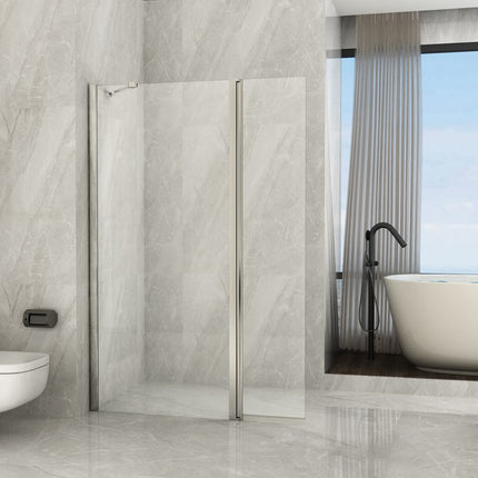 Vista frontale della parete walk-in con deflettore pivot e profili cromati H195cm in cristallo temperato 8mm
