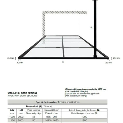Disegno tecnico quotato con tabella misure della parete doccia walk-in in otto sezioni e asta di fissaggio