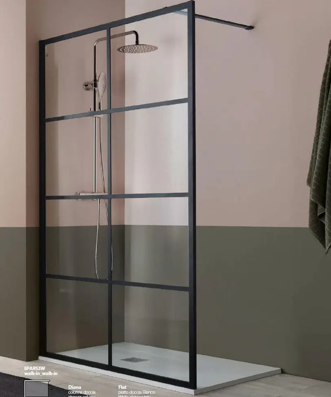Parete walk-in griglia nera a otto riquadri con cristallo trasparente 8mm, colonna doccia e piatto doccia bianco