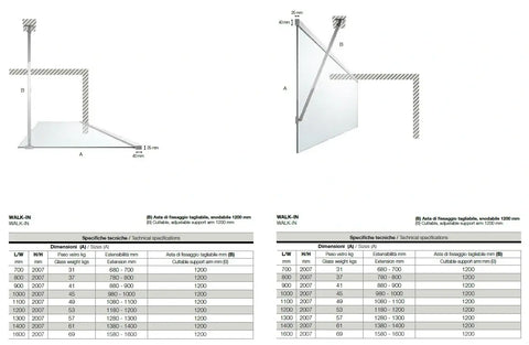 Disegni tecnici quotati e tabella dimensioni della parete doccia walk-in 8mm H200cm con profili color oro