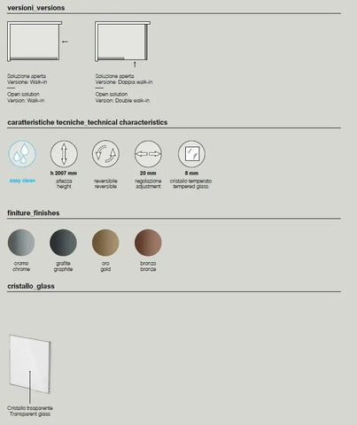 Scheda tecnica parete walk-in profili oro: altezza 2007mm, cristallo temperato 8mm, regolazione 20mm, easy clean