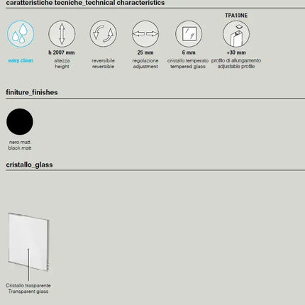 Scheda tecnica parete walk-in nero opaco: h 2007mm, cristallo temperato 6mm, regolazione 25mm e profilo allungamento