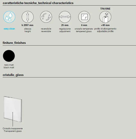 Scheda tecnica parete walk-in nero opaco: h 2007mm, cristallo temperato 6mm, regolazione 25mm e profilo allungamento
