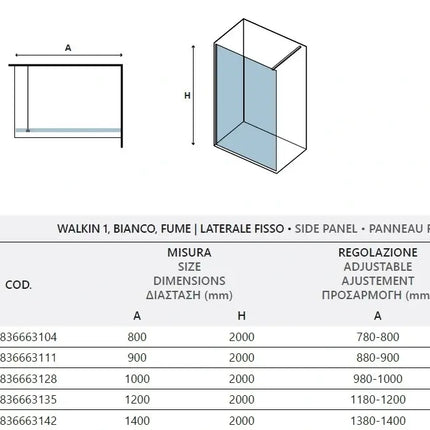 Schema tecnico della parete walk-in fumè laterale fissa H200cm profili bianchi con tabella delle misure