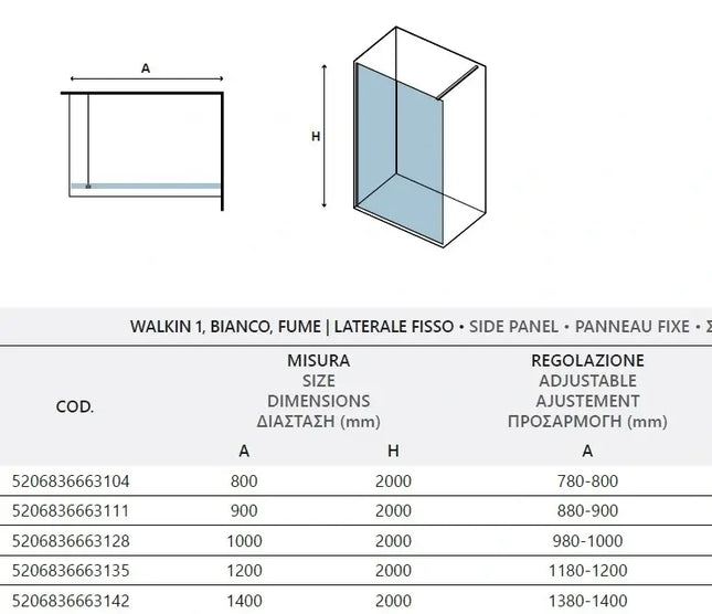 Schema tecnico della parete walk-in fumè laterale fissa H200cm profili bianchi con tabella delle misure