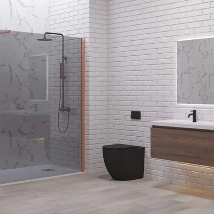 Ambientazione bagno con parete walk-in fumè rose gold H200cm, mobile lavabo sospeso e specchio a LED