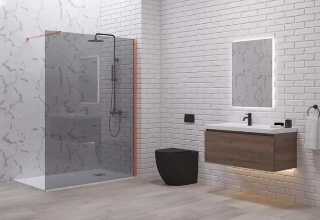 Ambientazione bagno con parete walk-in fumè rose gold H200cm, mobile lavabo sospeso e specchio a LED