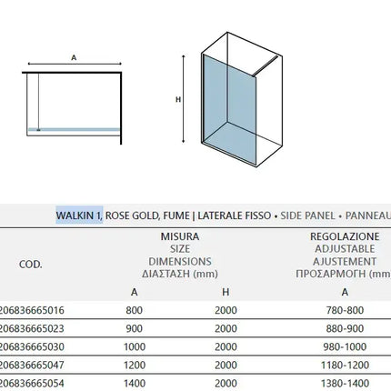 Schema tecnico della parete walk-in rose gold fumè H200cm 8mm con tabella codici, misure e regolazione