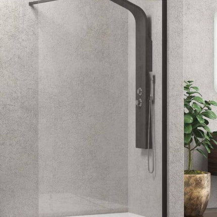 Parete doccia walk-in trasparente 8mm H200cm con profilo nero opaco e colonna doccia nera in bagno grigio