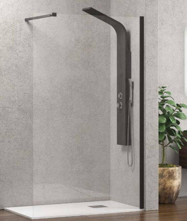 Parete doccia walk-in trasparente 8mm H200cm con profilo nero opaco e colonna doccia nera in bagno grigio