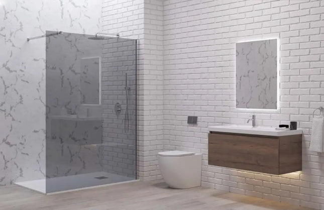Vista d'insieme del bagno con parete walk-in fumè H200cm profili cromo, mobile lavabo e specchio LED