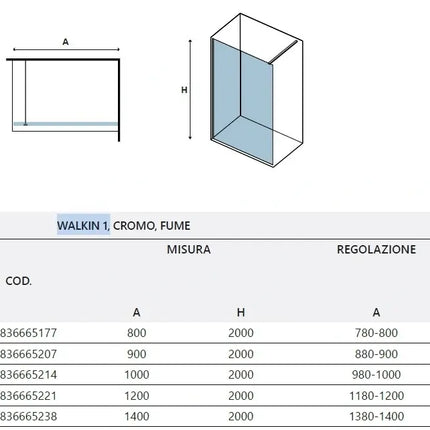 Schema 3D della parete walk-in cromo fumè H200cm 8mm con tabella codici, misure e range di regolazione
