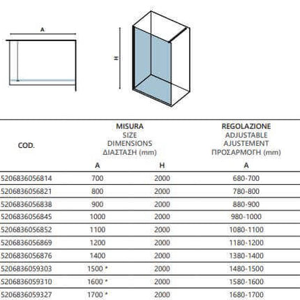Schema quotato della parete doccia walk-in fumè H200cm profili gun metal con tabella misure e regolazione