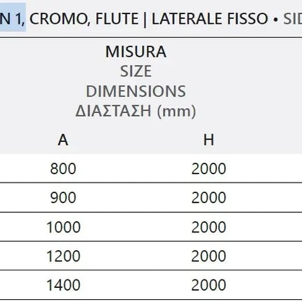 Tabella codici, misure e regolazione della parete doccia walk-in laterale fissa H200cm con profili cromo