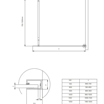 Disegno tecnico quotato della parete walk-in opaca H200cm con sezione del profilo a muro e tabella misure