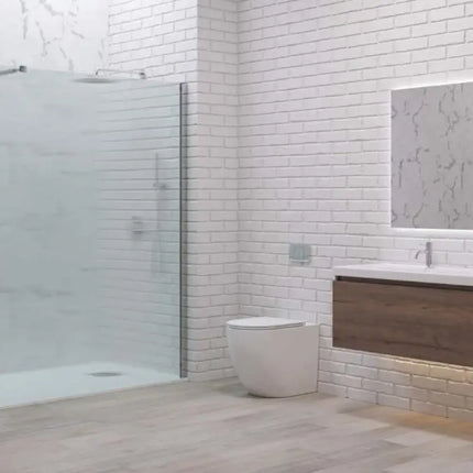 Ambientazione bagno con parete walk-in opaca H200cm profili cromo, mobile lavabo sospeso e specchio LED
