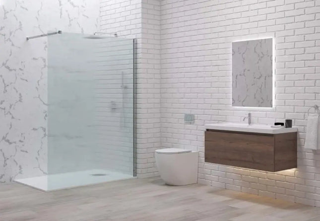 Ambientazione bagno con parete walk-in opaca H200cm profili cromo, mobile lavabo sospeso e specchio LED