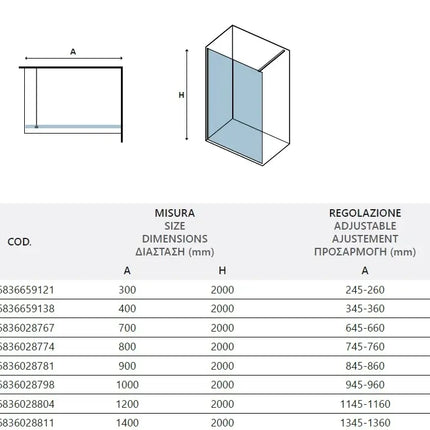 Disegno tecnico parete walk-in H200cm cristallo 6mm stile industrial con tabella misure e regolazione