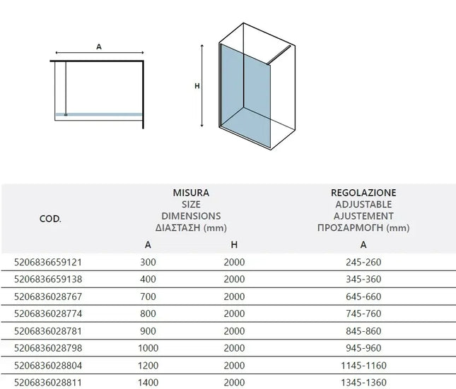 Disegno tecnico parete walk-in H200cm cristallo 6mm stile industrial con tabella misure e regolazione