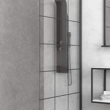 Parete doccia walk-in H200cm cristallo 6mm serigrafato a griglia in stile industrial con profili neri