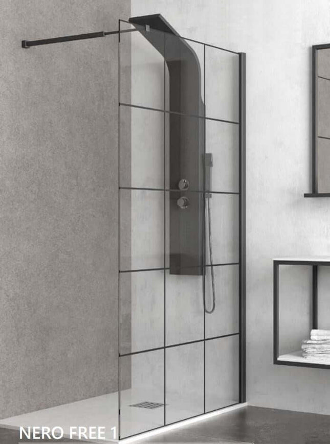 Parete doccia walk-in H200cm cristallo 6mm serigrafato a griglia in stile industrial con profili neri