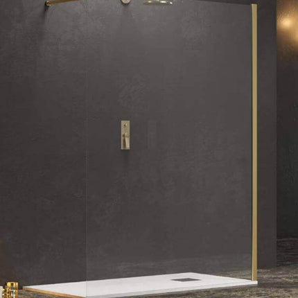 Parete walk-in trasparente 8mm H200cm con profilo e barra color oro e soffione dorato su parete grigio scuro