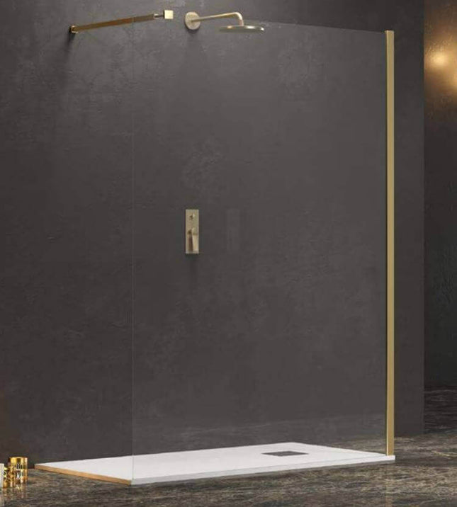 Parete walk-in trasparente 8mm H200cm con profilo e barra color oro e soffione dorato su parete grigio scuro