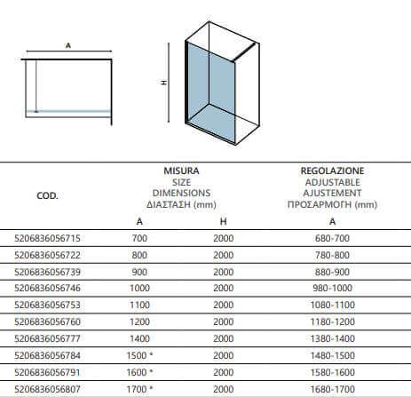 Schema tecnico parete doccia walk-in H200cm profili color oro con tabella misure, codici e regolazione