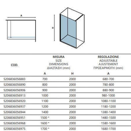 Disegno tecnico walk-in H200cm profili bianco opaco con tabella codici, misure e valori di regolazione